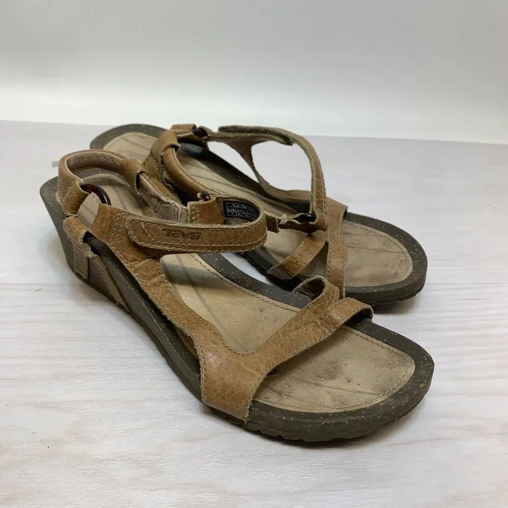 Teva Cabrillo Women's Size 7 Brown Strappy Leather Wedge‎ Heels Sandals 1002882